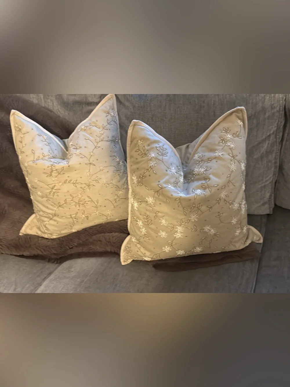 Pottery Barn Embroidered Floral Accent Pillow Pair in Tan